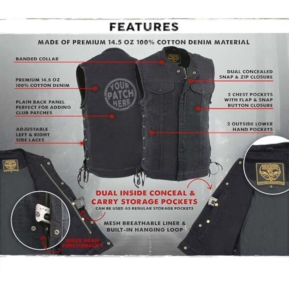 Milwaukee Leather Men's Size XL MDM3002 Covert Black Denim Club Style CC Vest - Picture 8 of 14